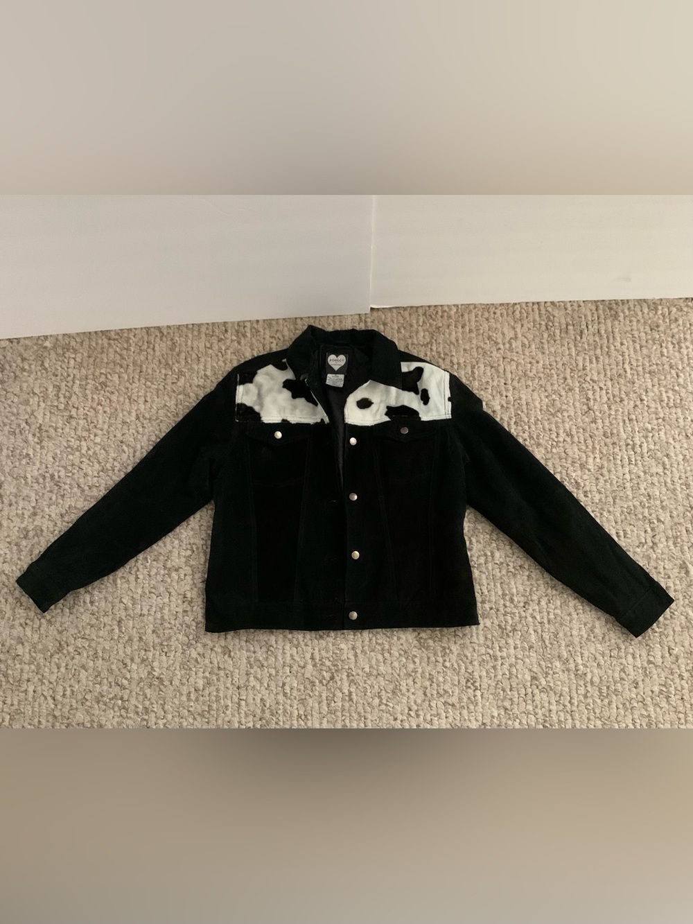Black Suede Jacket, White Cowhide Faux Fur, Ashley By 26 International, Size M - Picture 2 of 5